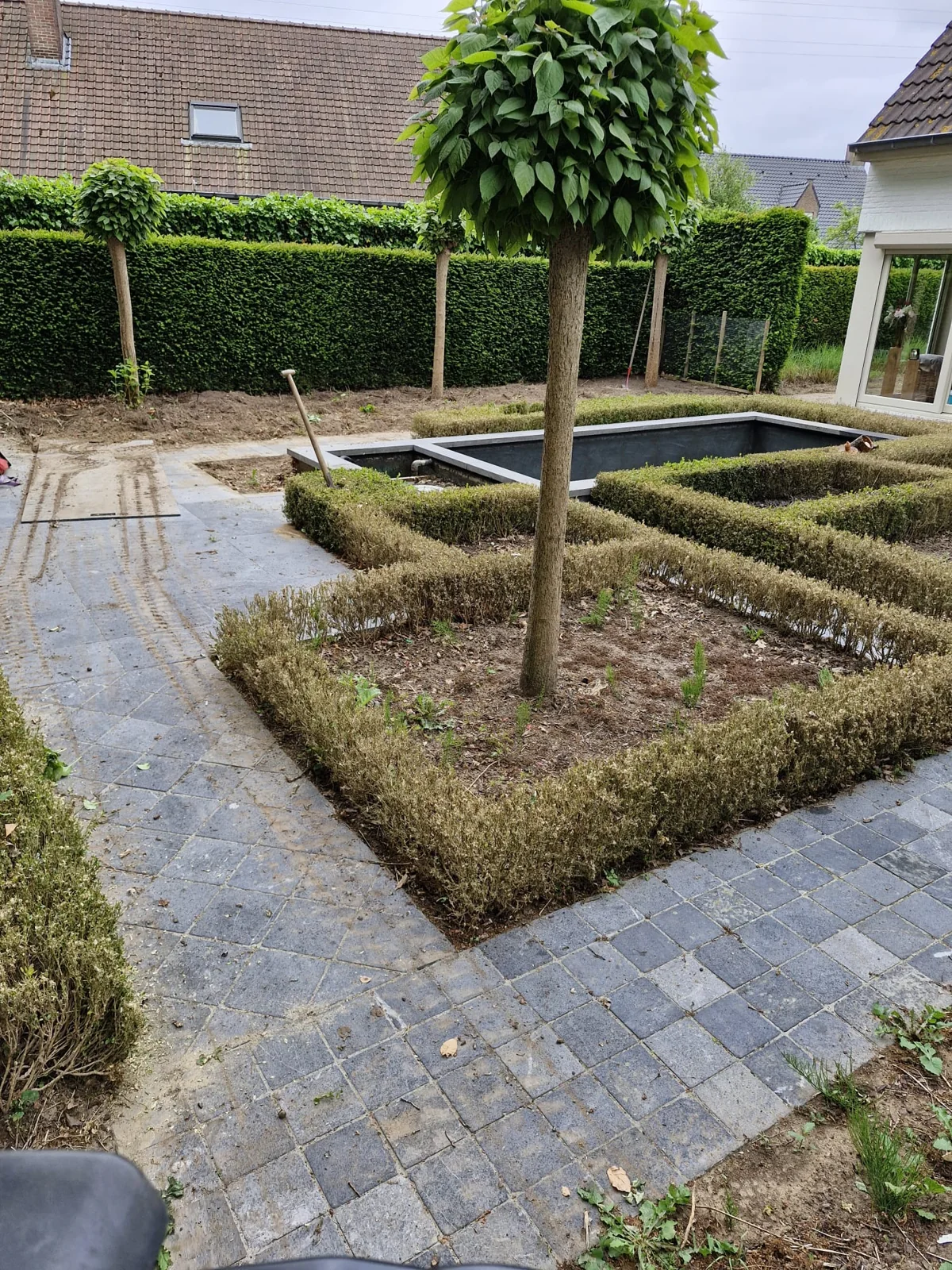 Oostrozebeke · kunstgras rond bomen en vijver — Voor de aanleg